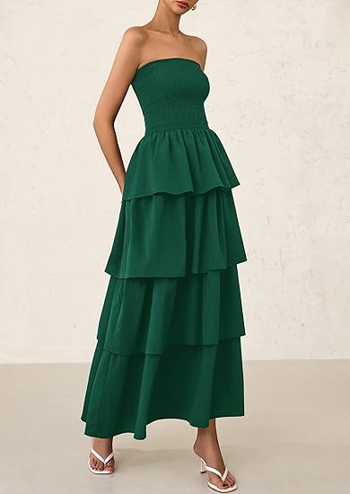 Summer 2025 women's long dress, featuring an off-the-shoulder design, layered ruffles, and a flowing skirt, perfect for wedding guests.