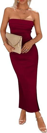 Women's summer slim-fit long strapless dress, made of ribbed fabric, featuring a side slit, a fashionable, casual, and elegant party dress.