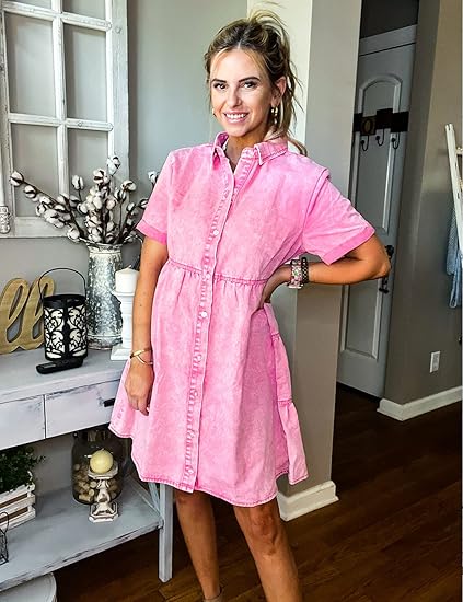 Women's short-sleeved, button-down, flowy, layered, babydoll-style denim dress
