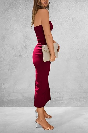 Women's summer slim-fit long strapless dress, made of ribbed fabric, featuring a side slit, a fashionable, casual, and elegant party dress.