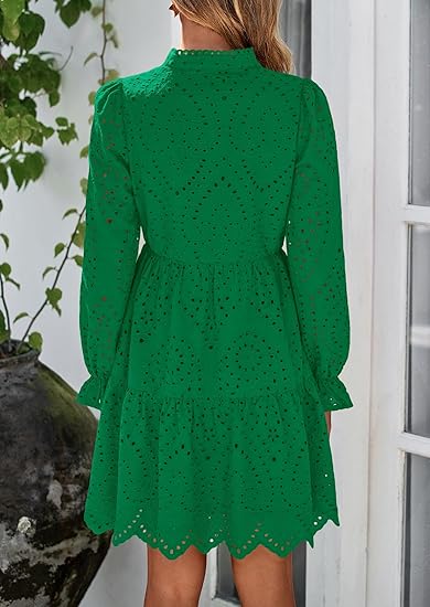 Women's 2025 Spring New Arrival Long-Sleeve Puff-Sleeve Mini Dress, featuring a hollowed-out lace V-neck and A-line skirt, a ruffled casual party dress.