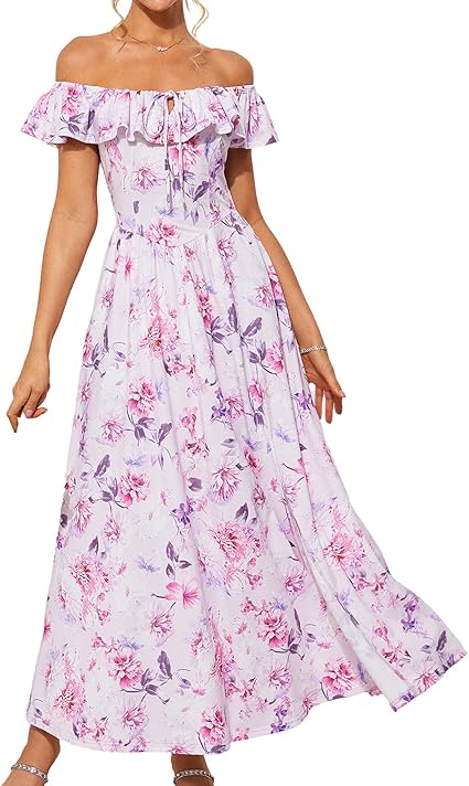 2025 Women's Long Dress, Summer Off-Shoulder Floral Print Dress with Ruffles and Slit, Flowy Bohemian Style Beach Wedding Guest Dress