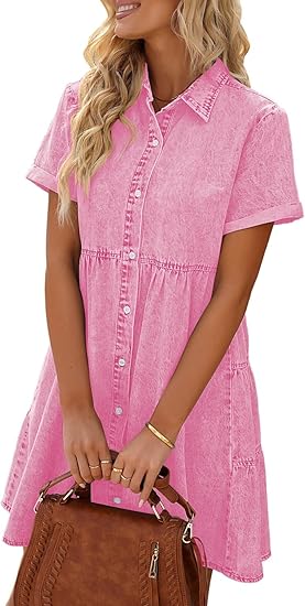 Women's short-sleeved, button-down, flowy, layered, babydoll-style denim dress