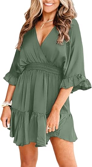 Women's V-neck casual dress, summer loose-fitting high-waisted ruffled pleated cute mini dress.
