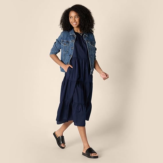 Women's loose-fitting cotton satin round-neck layered midi dress