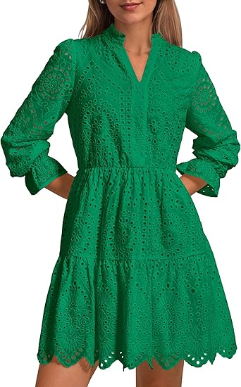 Women's 2025 Spring New Arrival Long-Sleeve Puff-Sleeve Mini Dress, featuring a hollowed-out lace V-neck and A-line skirt, a ruffled casual party dress.