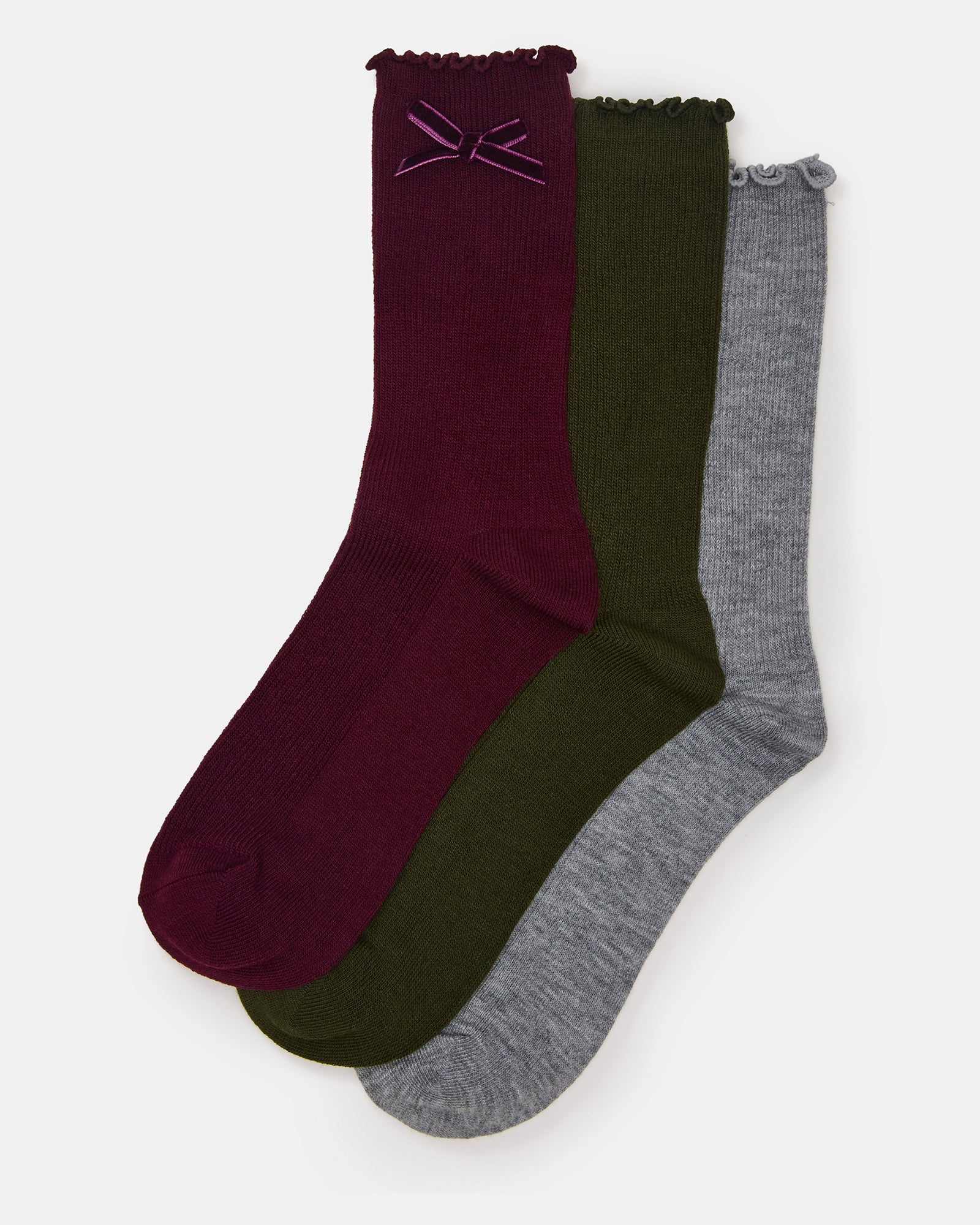 3 Pack Folly Velvet Bow Rib Crew Socks Cherry
