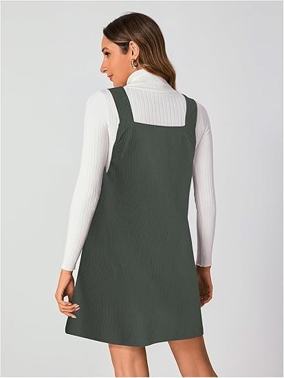 Women V Neck Corduroy Overall Dress 2025 Fall Mini Pinafore Jumper Dress