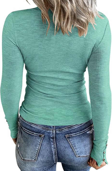 Women’s Long Sleeve Henley T Shirts Button Down Slim Fit Tops Scoop Neck Ribbed Knit Shirts