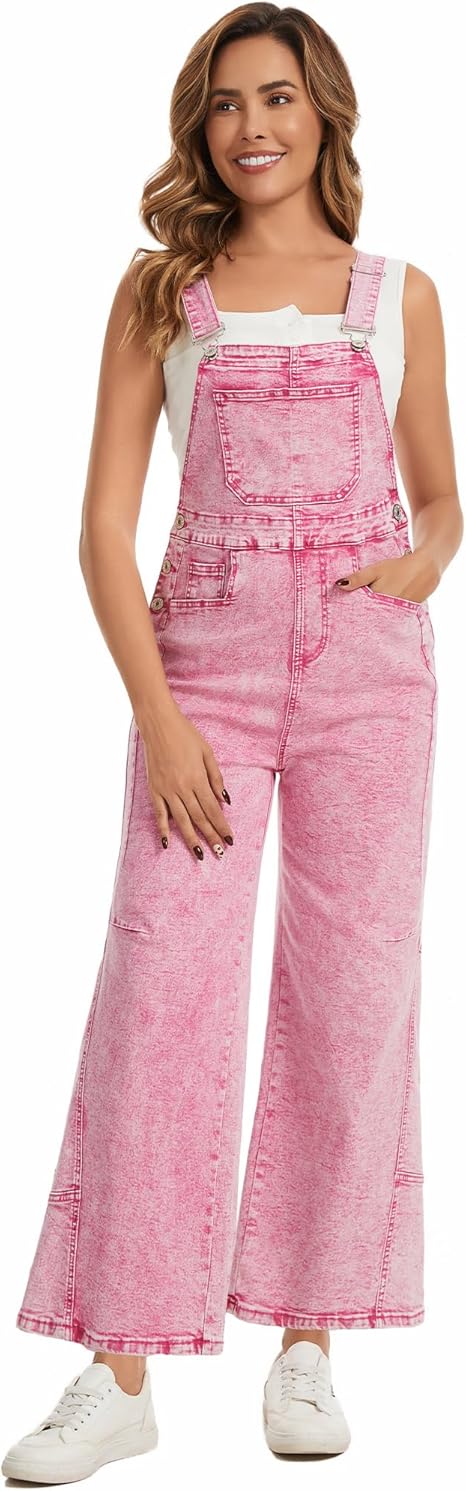 Women's Denim Overalls Loose Fit Baggy Overalls Wide Leg Barrel Jean with Pockets Adjustable Straps