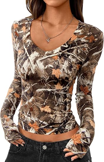 Womens Long Sleeve T Shirts 2025 Fall Trendy Deep V Neck Slim Fit Basic Crop Tops Casual Going Out Top