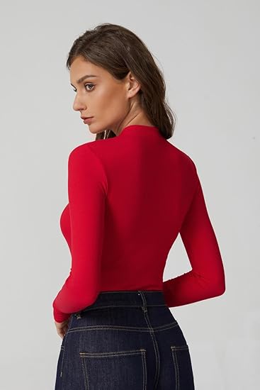 Women's V-neck long-sleeved ribbed knit slim fit basic T-shirt