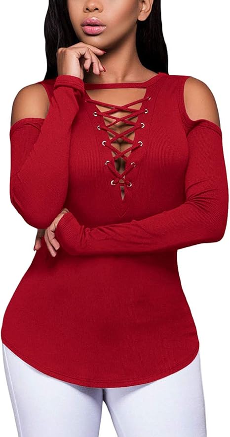 Women's Sexy V-Neck Cold Shoulder Long Sleeve Blouse Shirt Slim Lace-Up Ribbed Stretchy T-Shirt Top