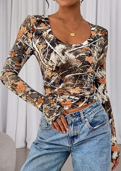 Womens Long Sleeve T Shirts 2025 Fall Trendy Deep V Neck Slim Fit Basic Crop Tops Casual Going Out Top