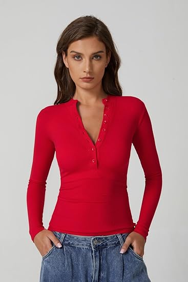 Women's V-neck long-sleeved ribbed knit slim fit basic T-shirt