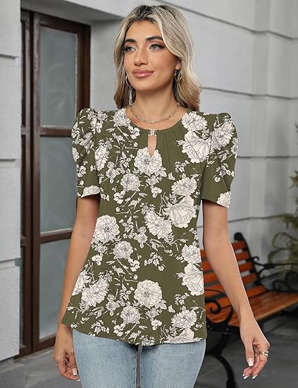 Womens Summer Tops Dressy Casual V Neck Keyhole T Shirts Puff Short Sleeve Blouses