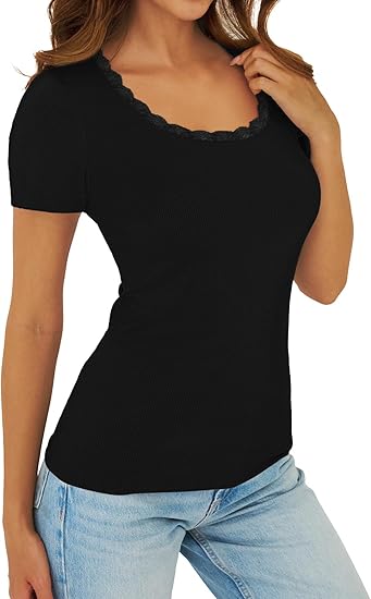 Women's Short Sleeve Tops Scoop Neck Lace Trim Ribbed Fitted Tight Shirts Casual Basic Tee Spring Clothes 2026 Trendy