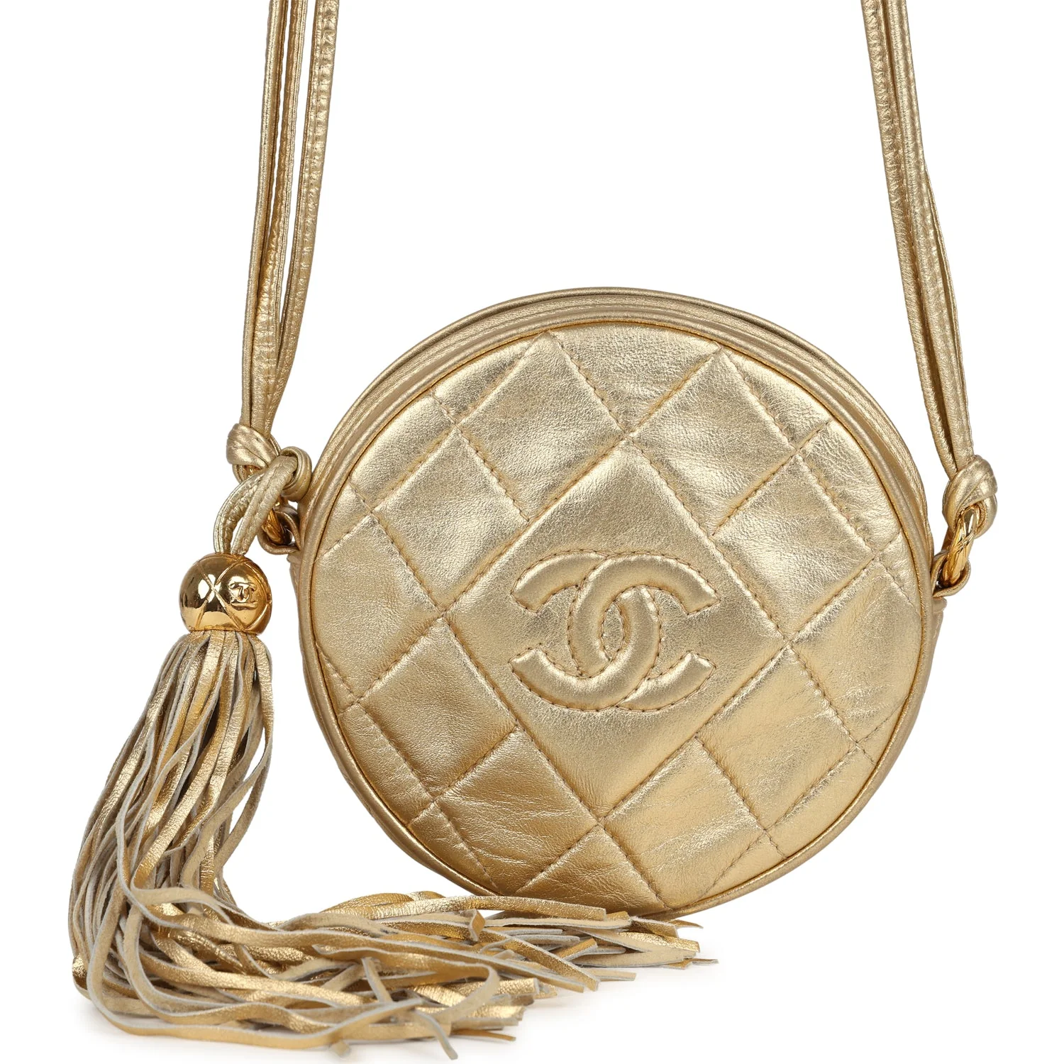 Vintage Chanel Mini CC Round Crossbody Bag Gold Lambskin Gold Hardware