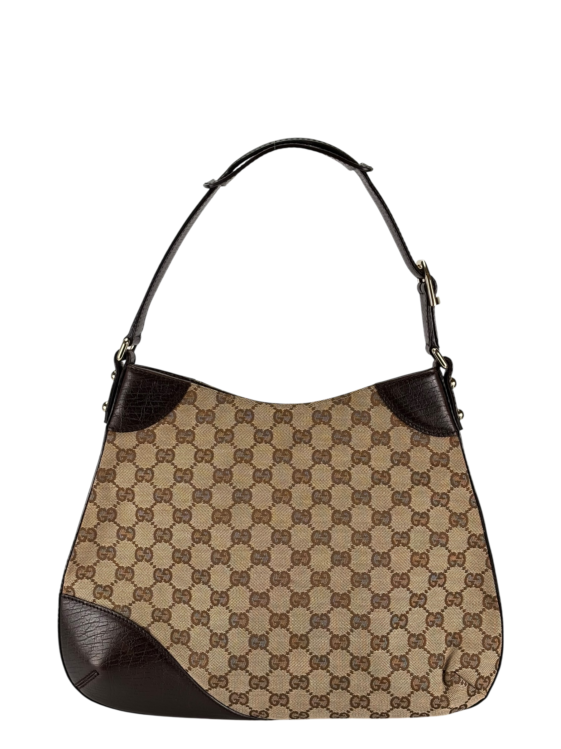 GUCCI -  Brown Leather Canvas GG Pattern Horsebit One Shoulder Bag