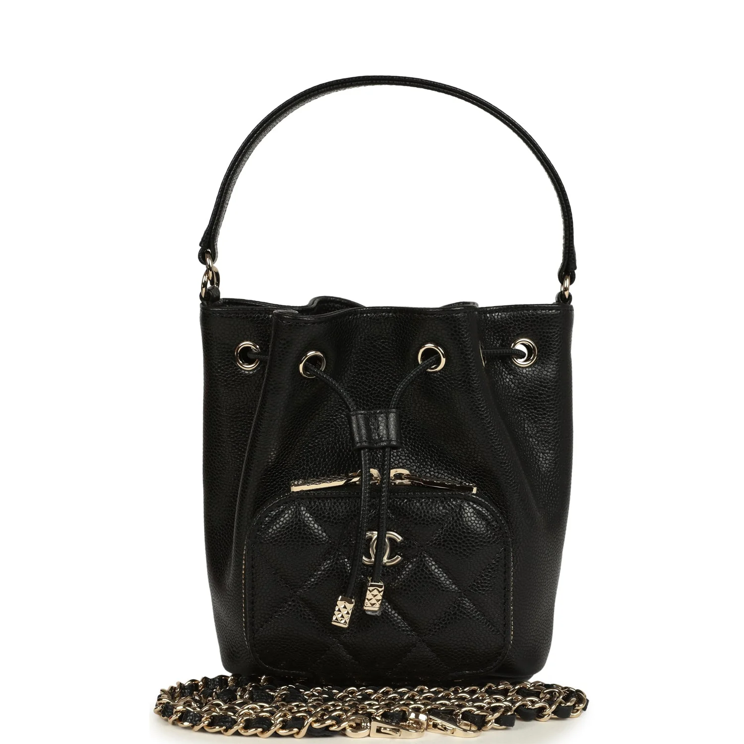 Chanel Mini Top Handle Bucket Bag with Chain Black Shiny Caviar Light Gold Hardware