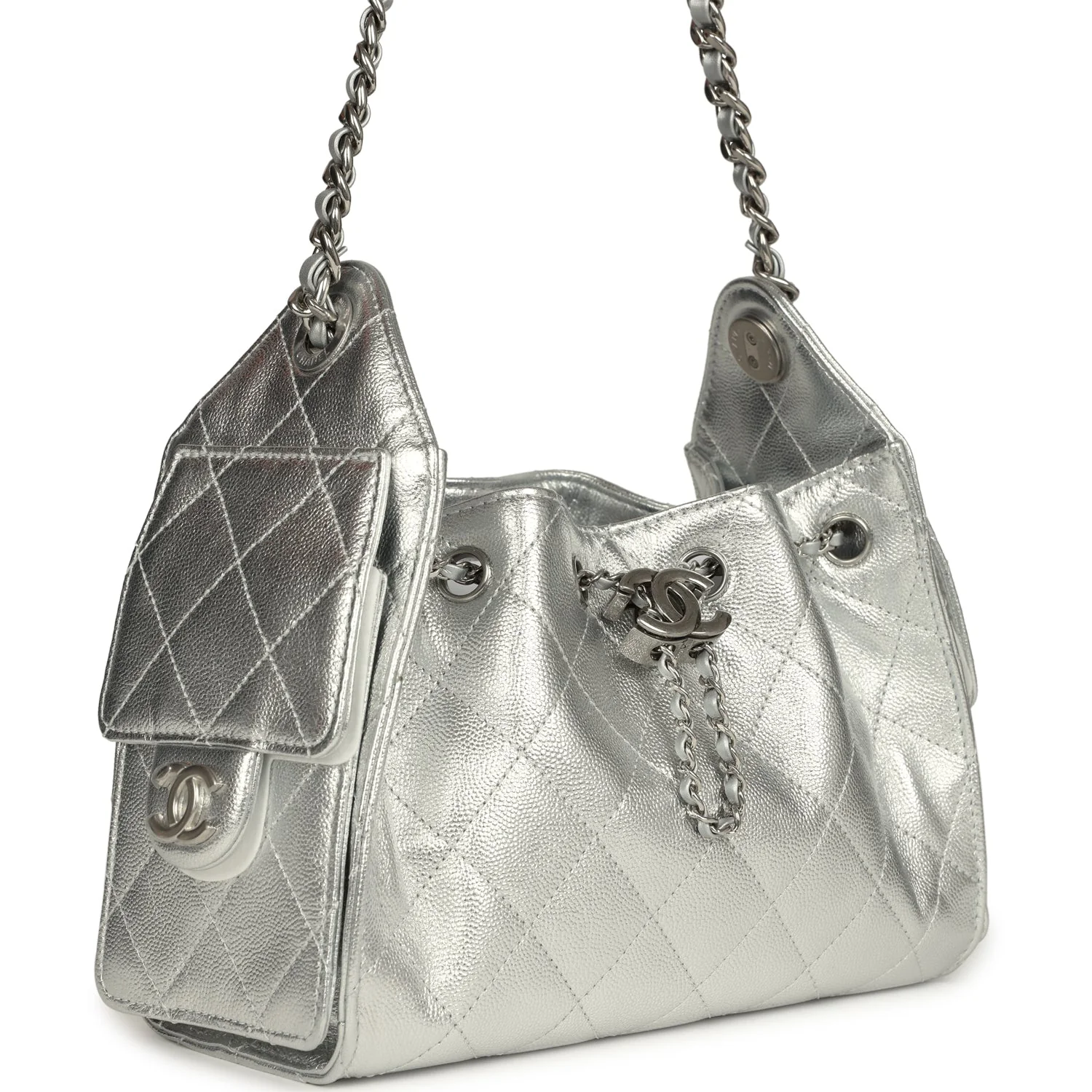 Chanel Mini 25 Hobo Bag Metallic Silver Caviar Silver Hardware