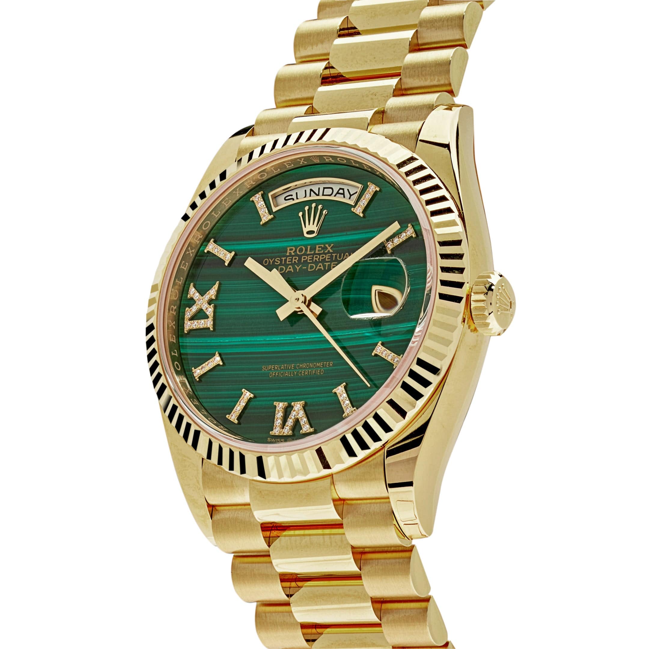 Rolex Day-Date 36 128238 Yellow Gold Green Malachite Roman Diamond Dial
