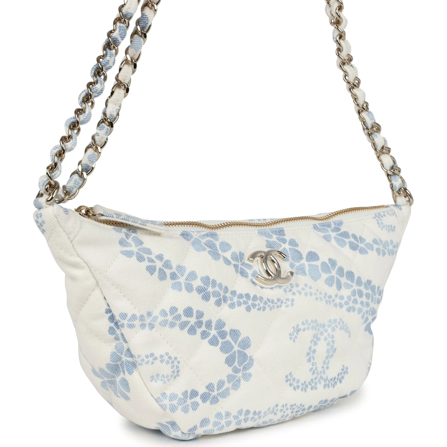 Chanel Large Coco Beach Hobo Bag in White and Blue Denim Light Gold Hardware