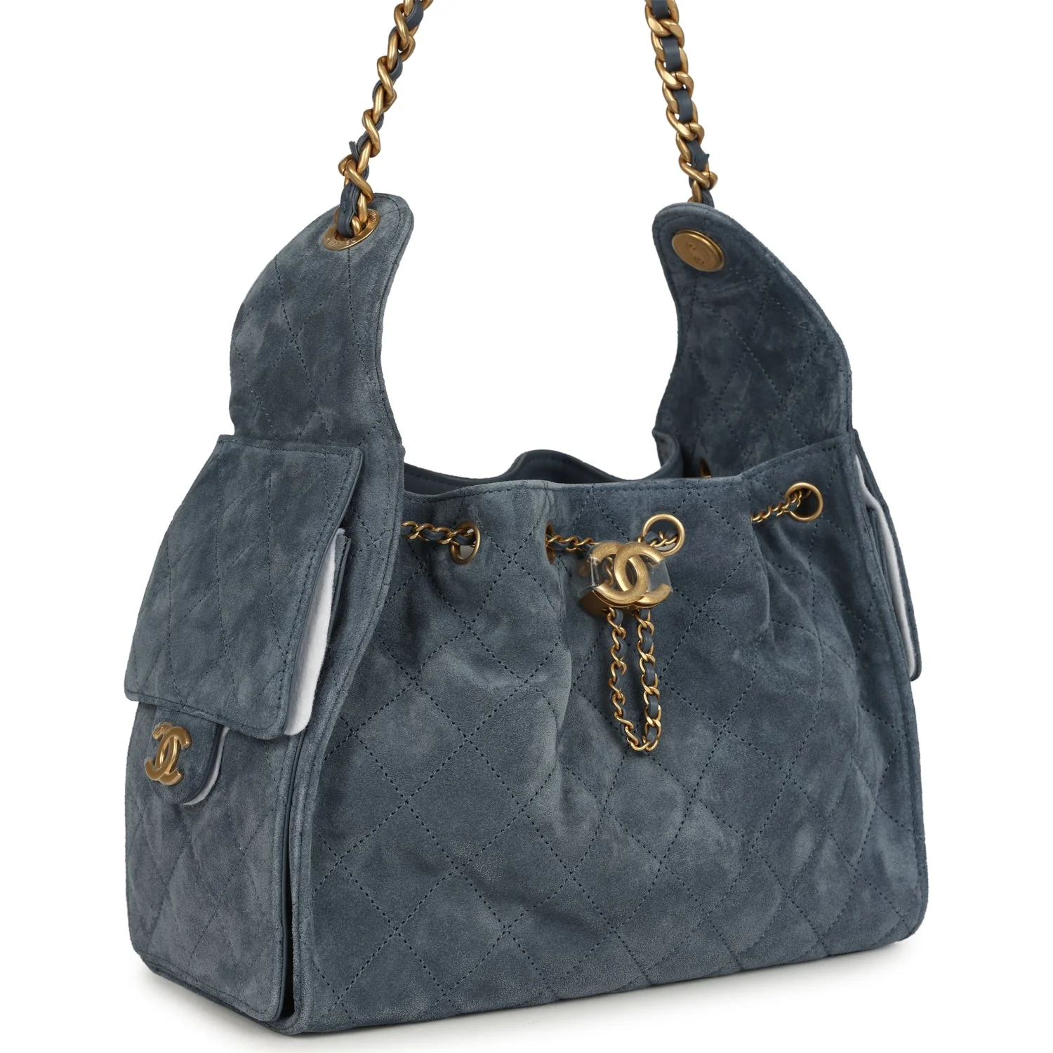 Chanel Small 25 Hobo Bag Blue Suede Antique Gold Hardware