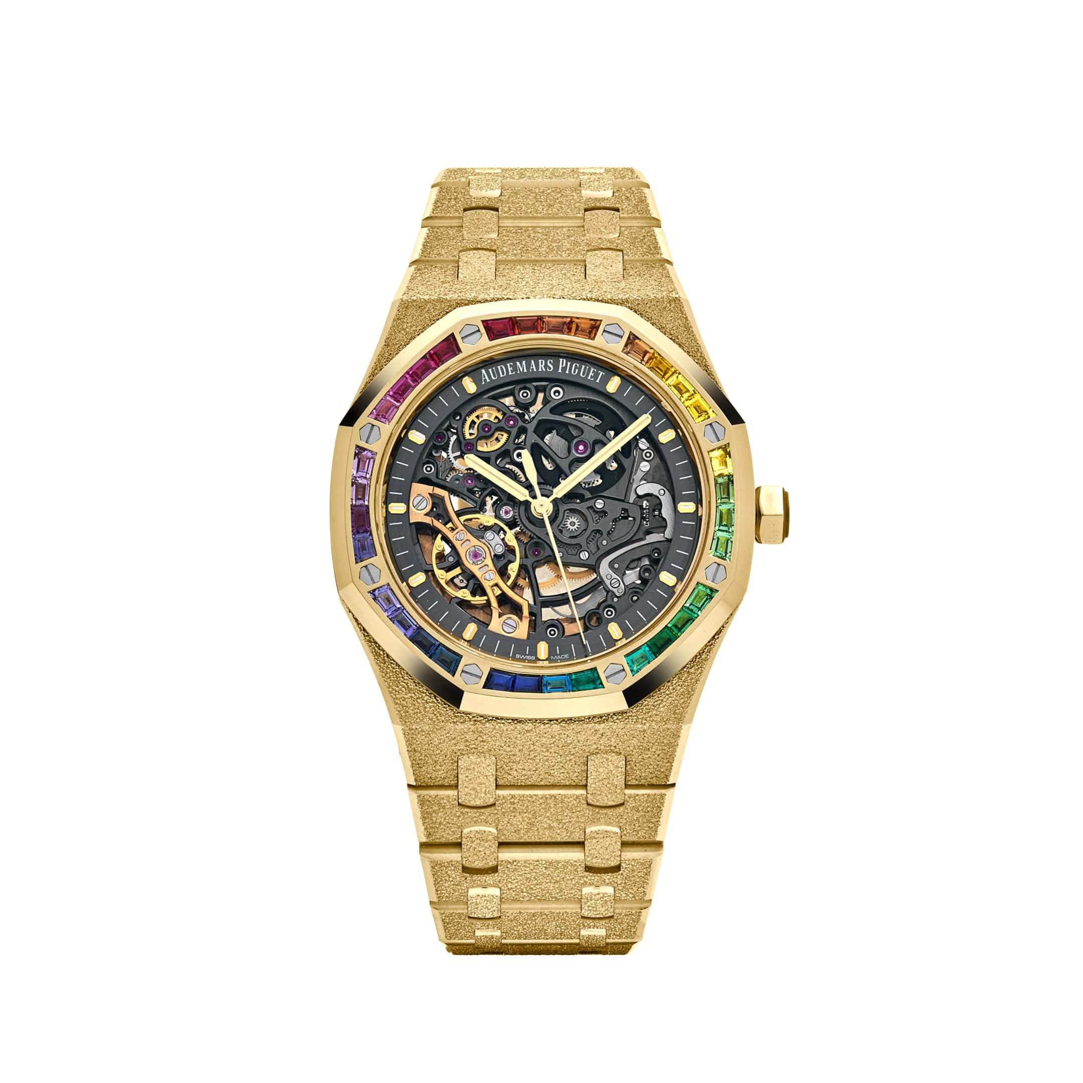 Audemars Piguet Royal Oak 15412BA.YG.1224BA.01 Frosted Yellow Gold Double Balance Wheel Rainbow Bezel