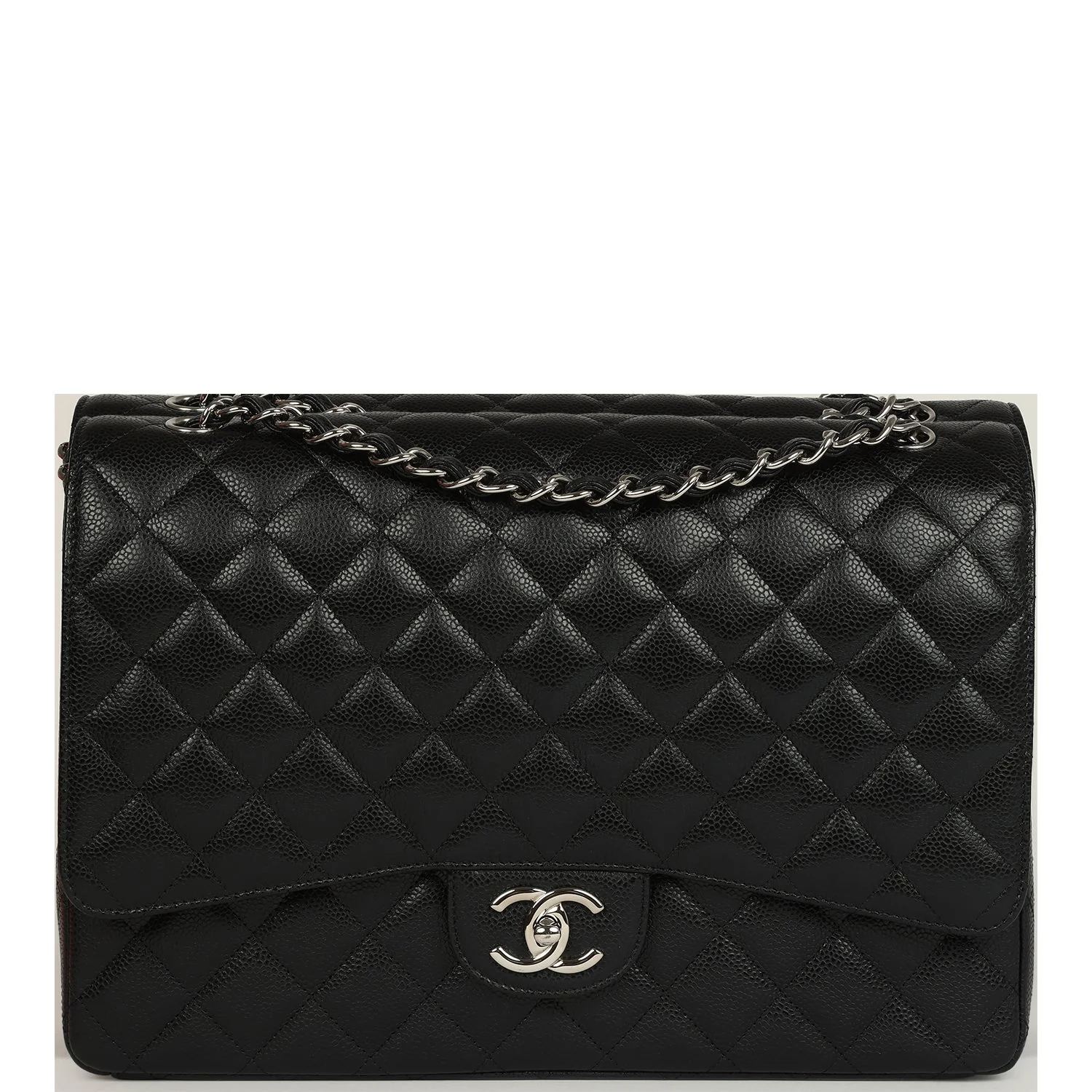 Pre-owned Chanel Maxi Classic Double Flap Bag Black Caviar Silver Hardware