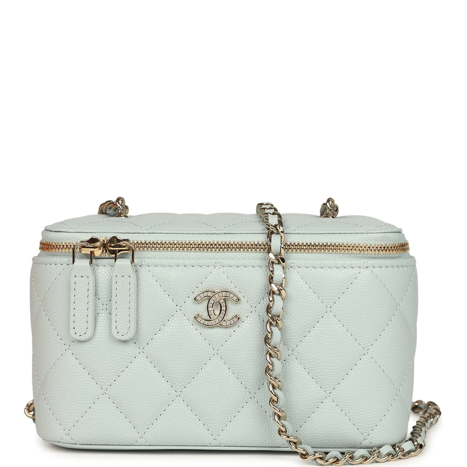 Chanel Small Rectangular Classic Vanity Case Light Blue Shiny Caviar Light Gold Hardware