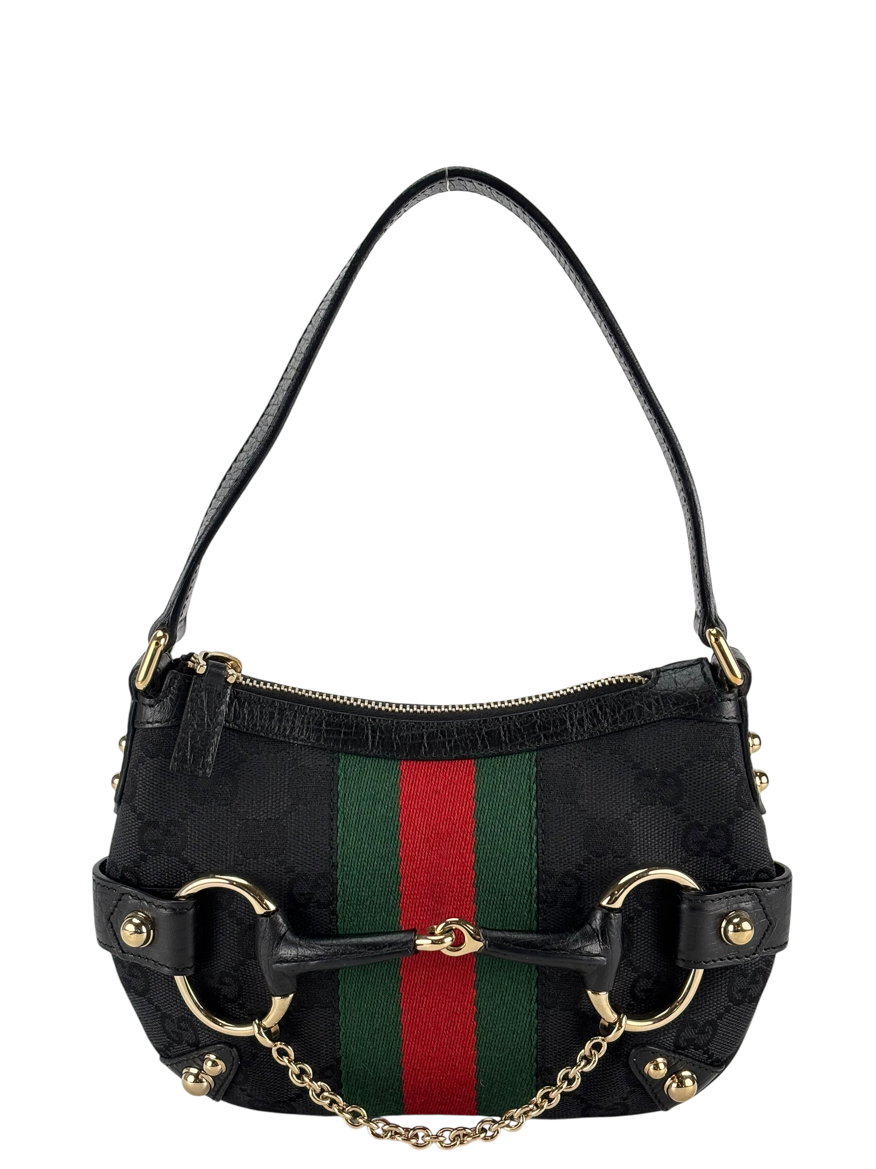 GUCCI - Black GG Monogram Small Horsebit Handbag