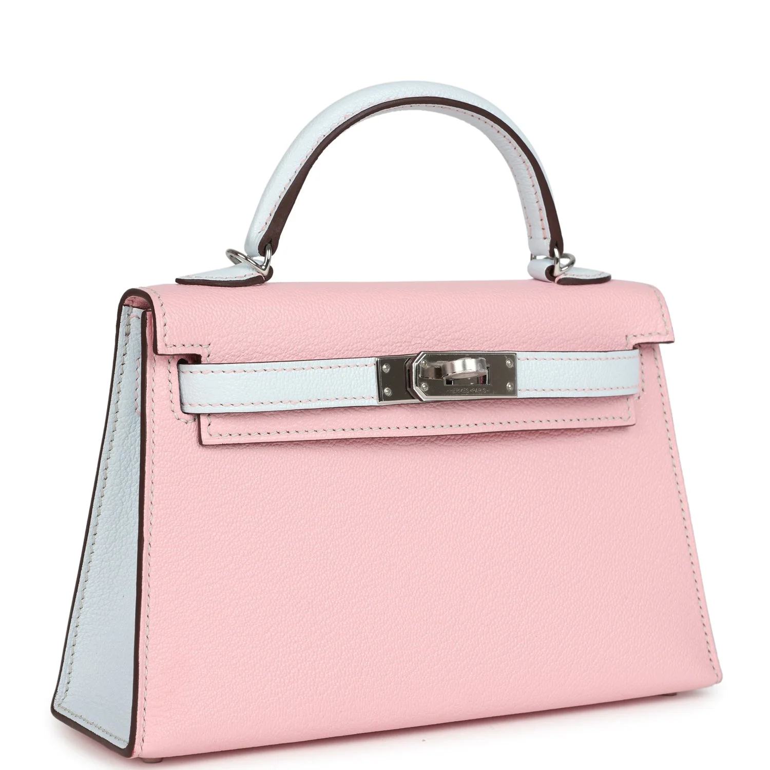 Hermes Special Order (HSS) Kelly Sellier 20 Rose Sakura and Bleu Brume Chevre Palladium Hardware