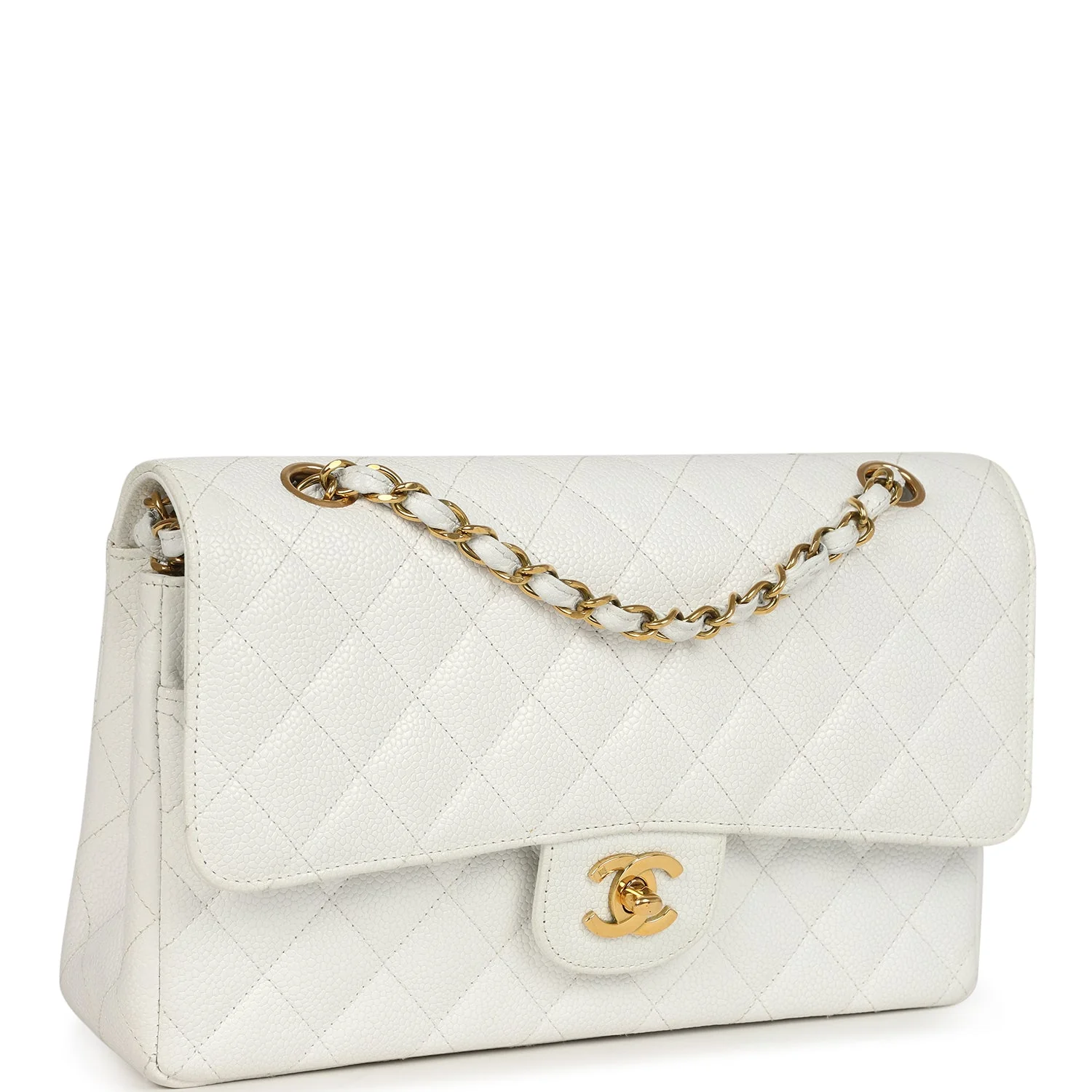 Vintage Chanel Medium Classic Double Flap White Caviar Gold Hardware
