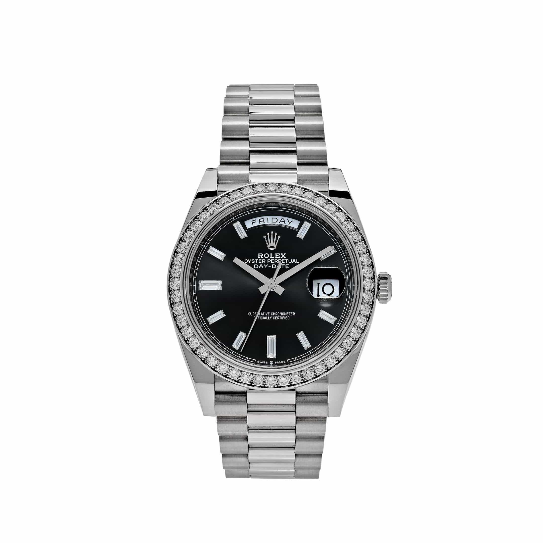 Rolex Day-Date 40 228349RBR White Gold Black Dial Diamond Bezel (2021)