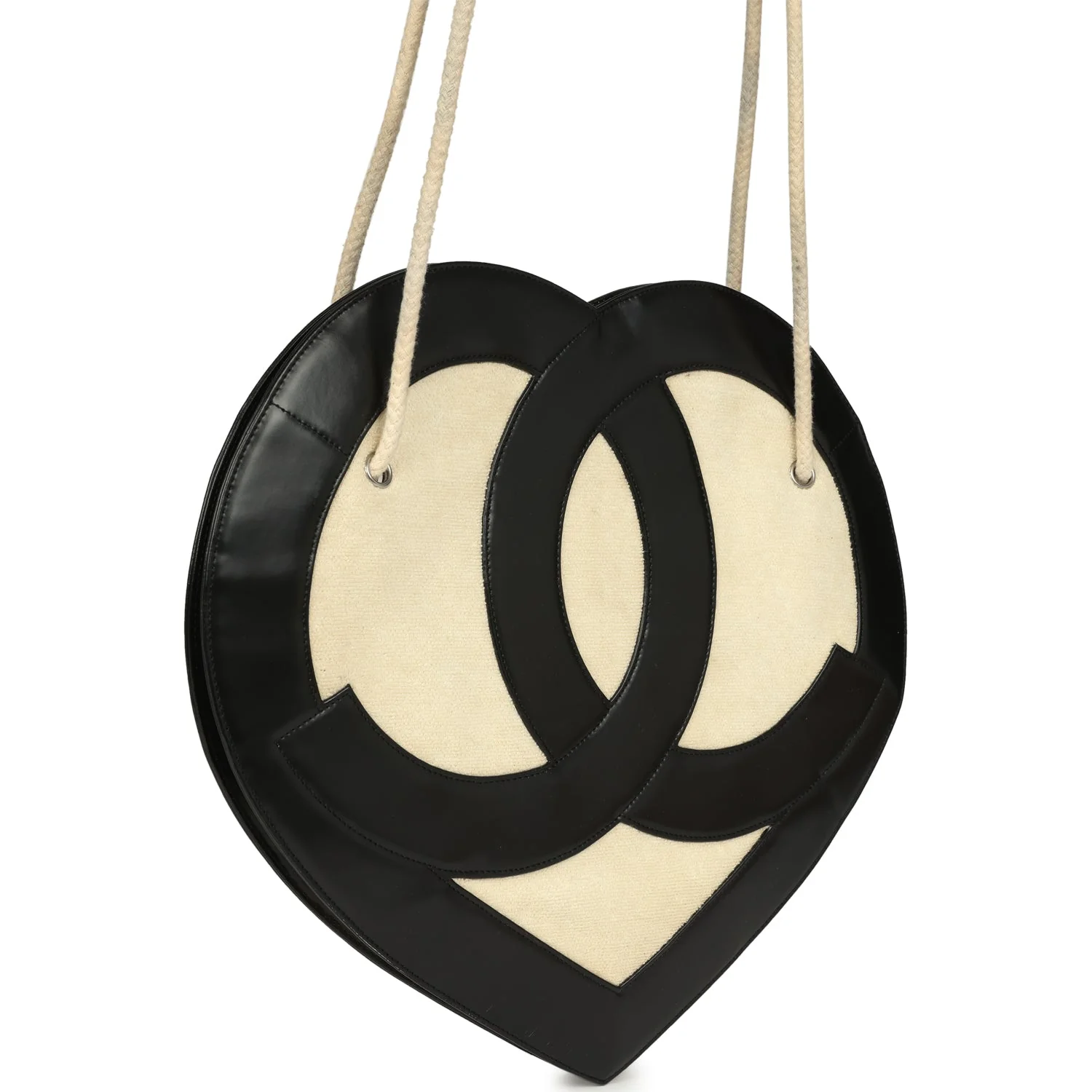 Pre-owned Chanel Jumbo Heart Tote Bag Cream Terry Cloth and Black Lambskin Silver Hardware