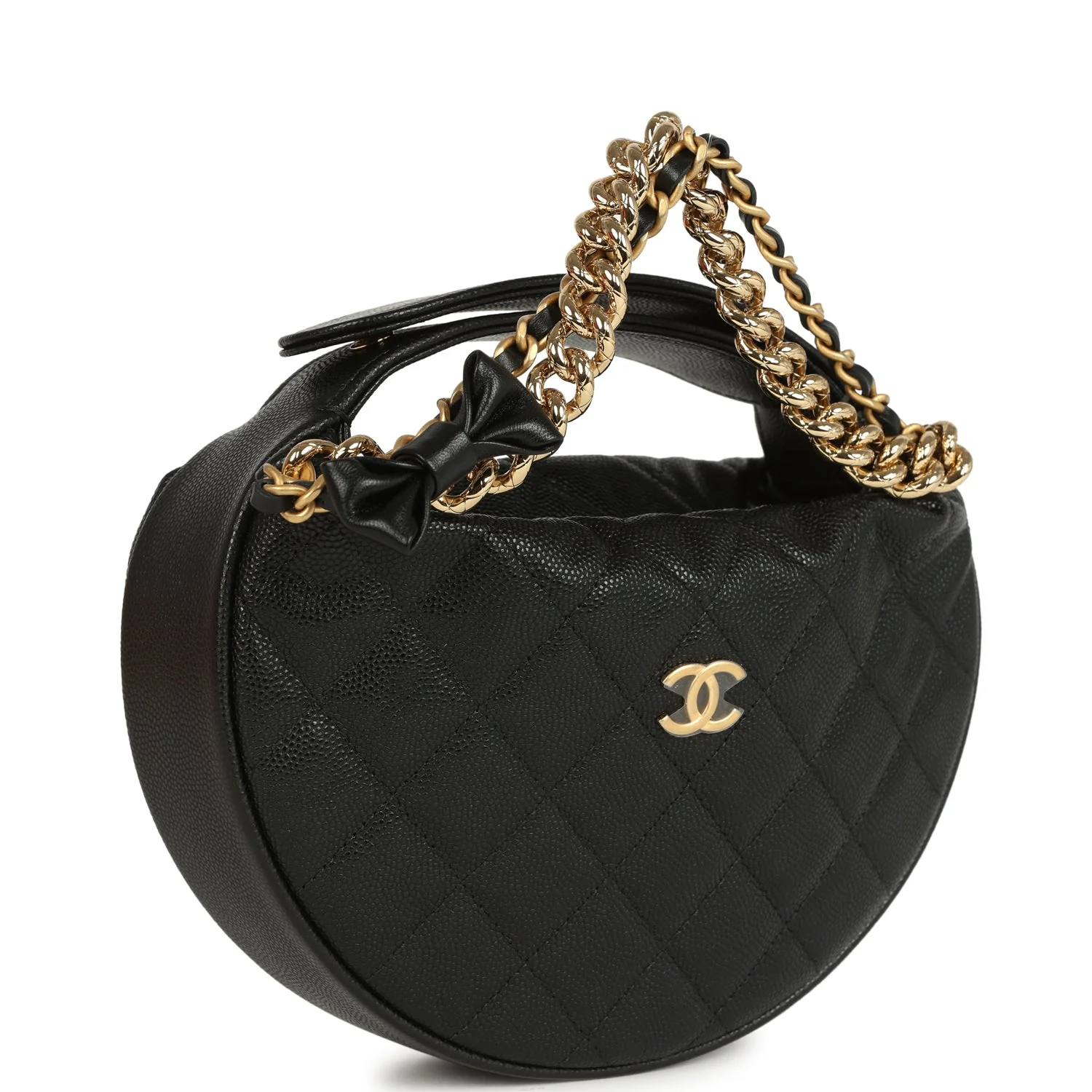 Chanel Mini Round Hobo Pouch Bag Black Shiny Caviar Mixed Metal Hardware