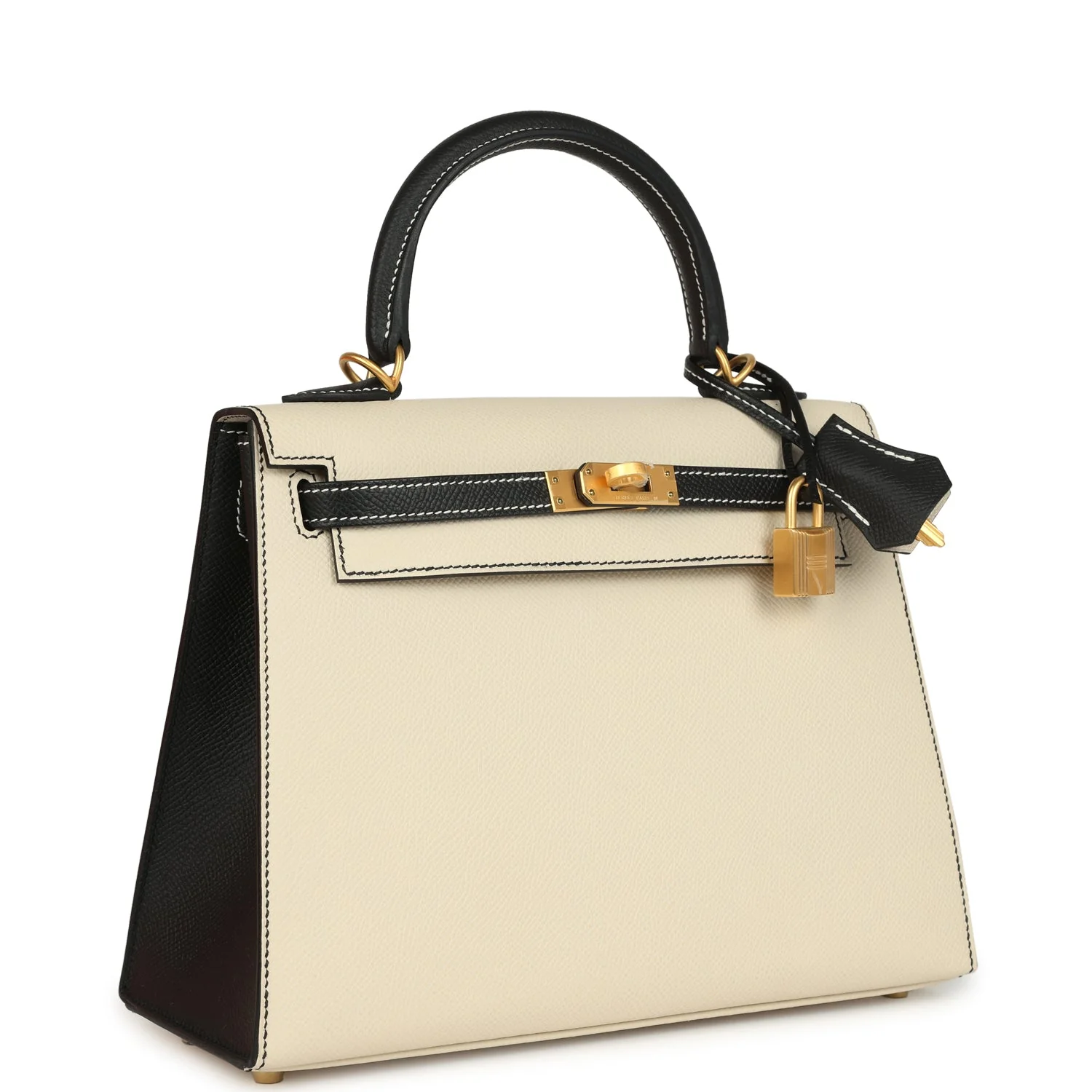 Hermes Special Order (HSS) Kelly Sellier 25 Craie and Black Epsom Brushed Gold Hardware
