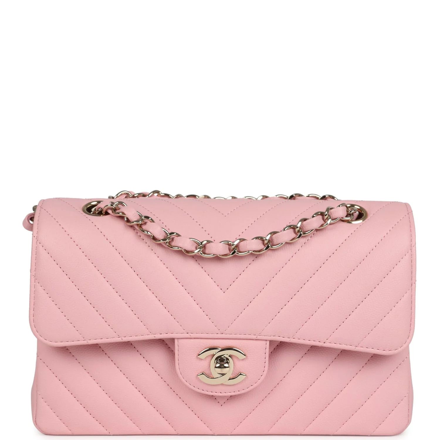Chanel Small Classic Double Flap Bag Light Pink Chevron Caviar Light Gold Hardware