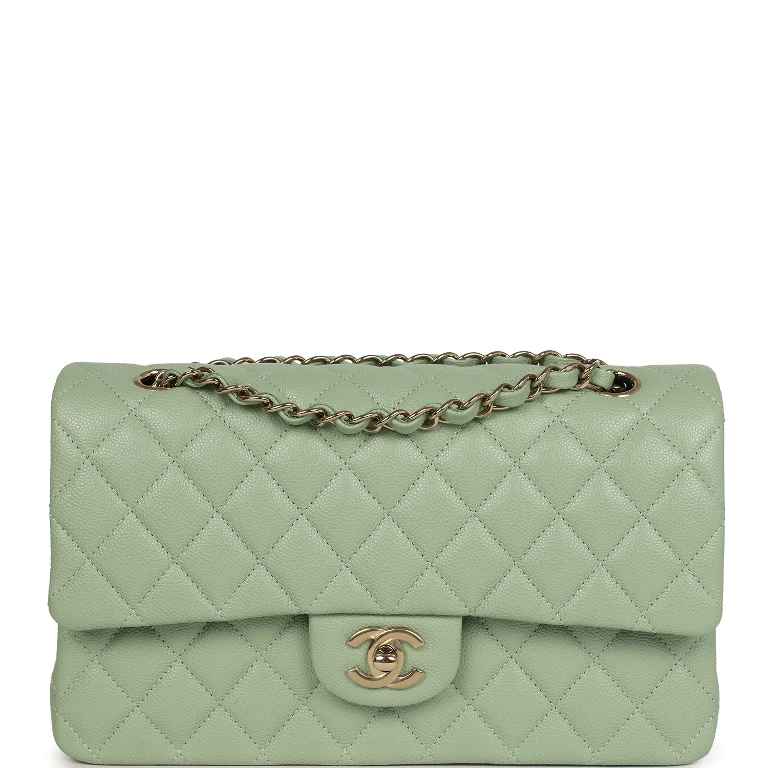 Chanel Medium Classic Double Flap Bag Light Green Caviar Light Gold Hardware