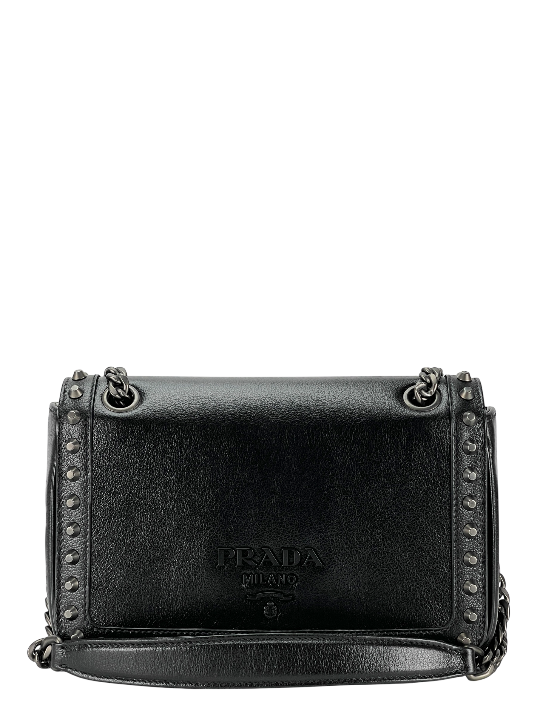 PRADA -  Black Leather Studded Flap Double Chain Shoulder Bag