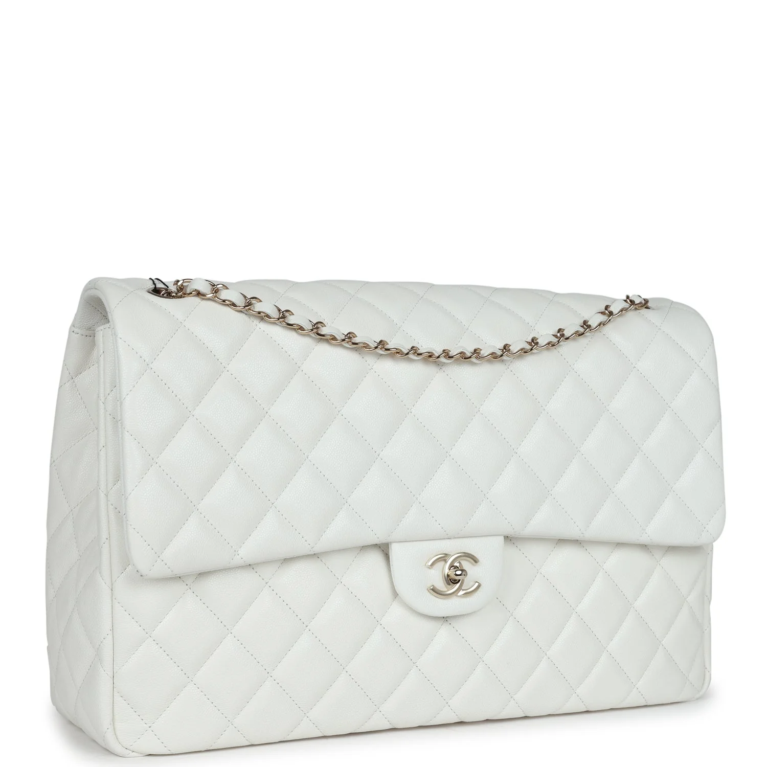 Chanel XXL Classic Single Flap Bag White Shiny Caviar Light Gold Hardware