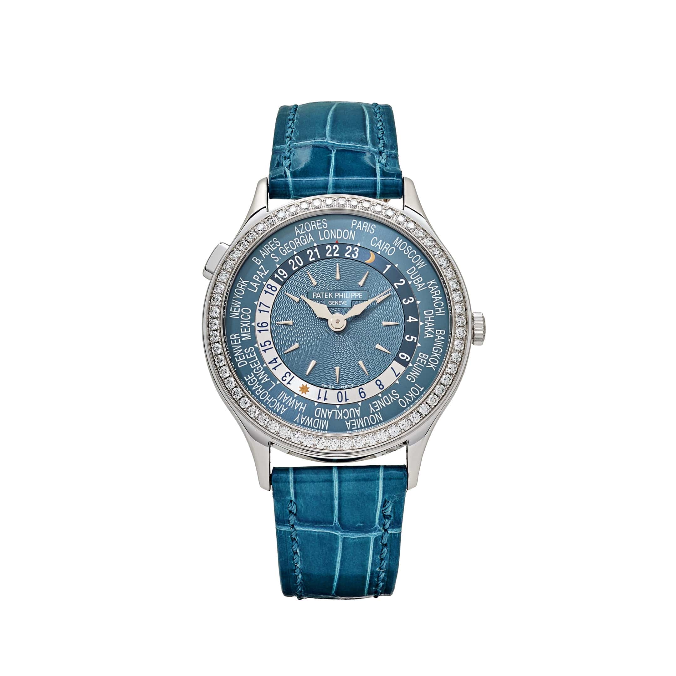 Patek Philippe Complications 7130G-016 Ladies World Time l White Gold Gray-Blue Dial Diamond Bezel (2024)
