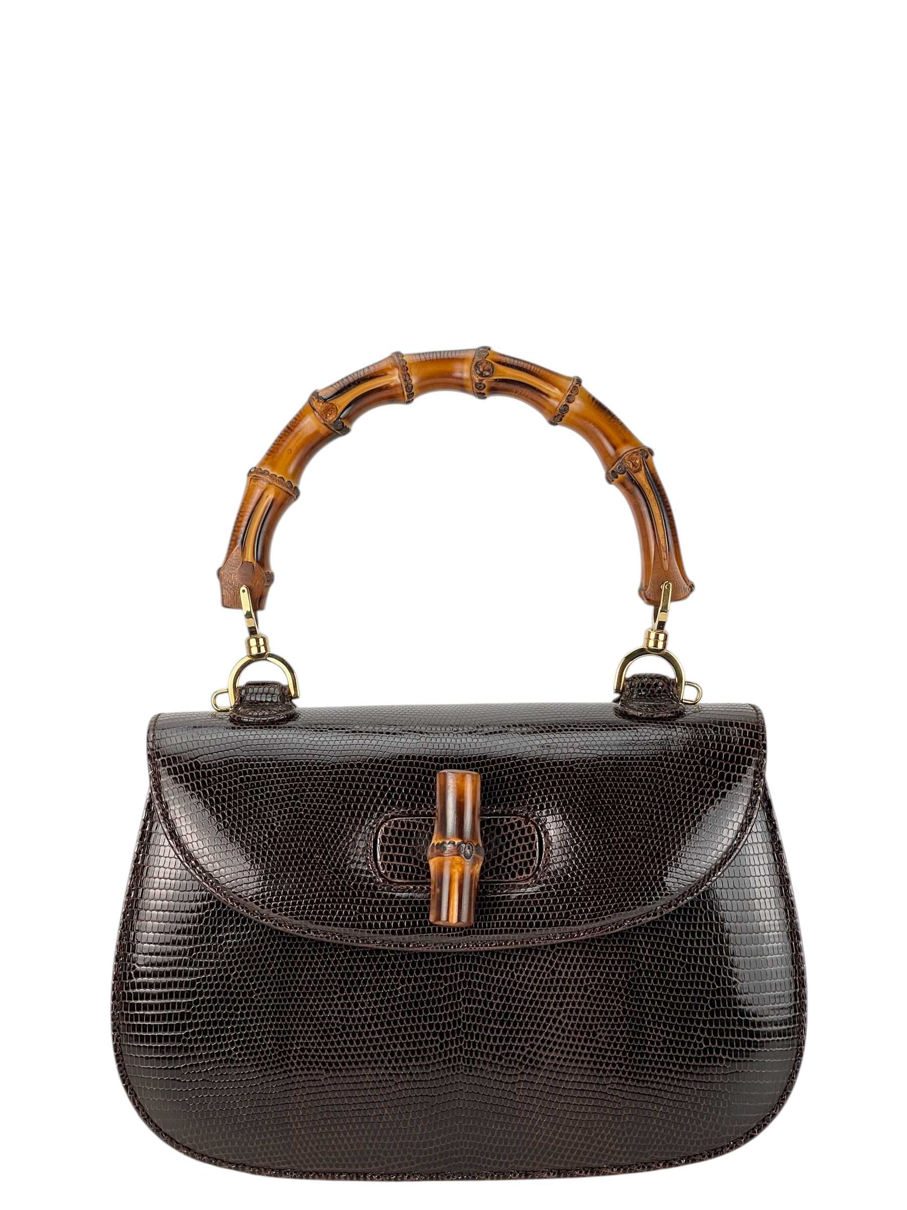 GUCCI - Brown Lizard Leather Bamboo Handbag