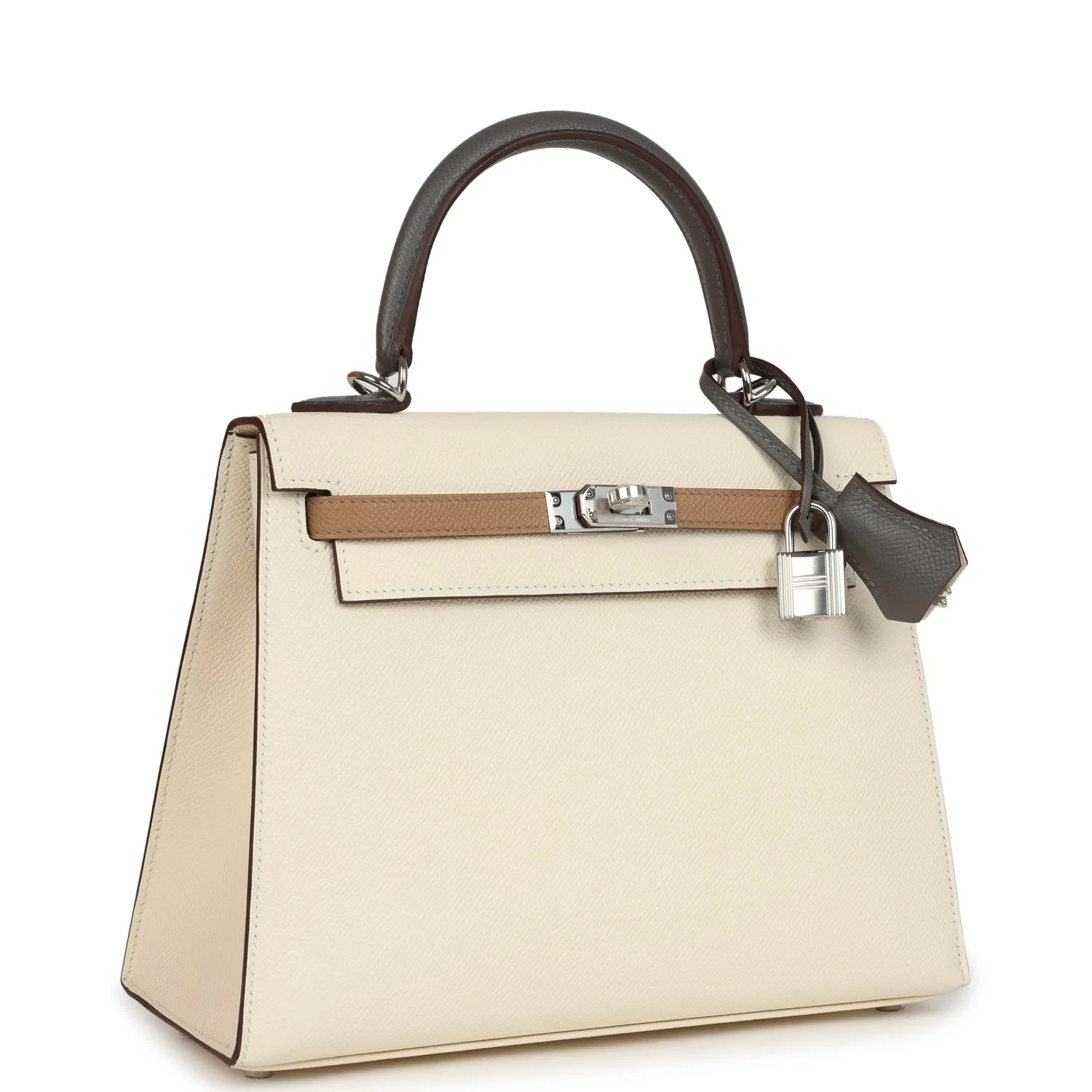 Hermes Kelly Sellier 25 Tri-Color Nata, Gris Meyer and Chai Epsom Palladium Hardware