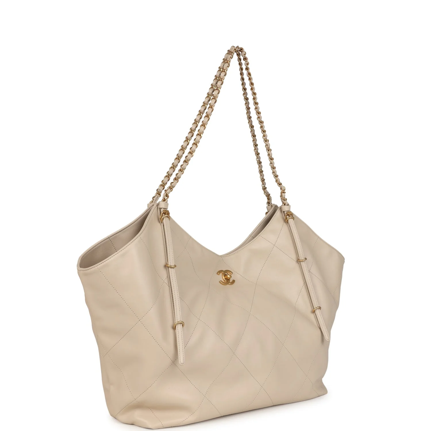 Chanel Maxi Coco Shopping Bag Beige Calfskin Antique Gold Hardware