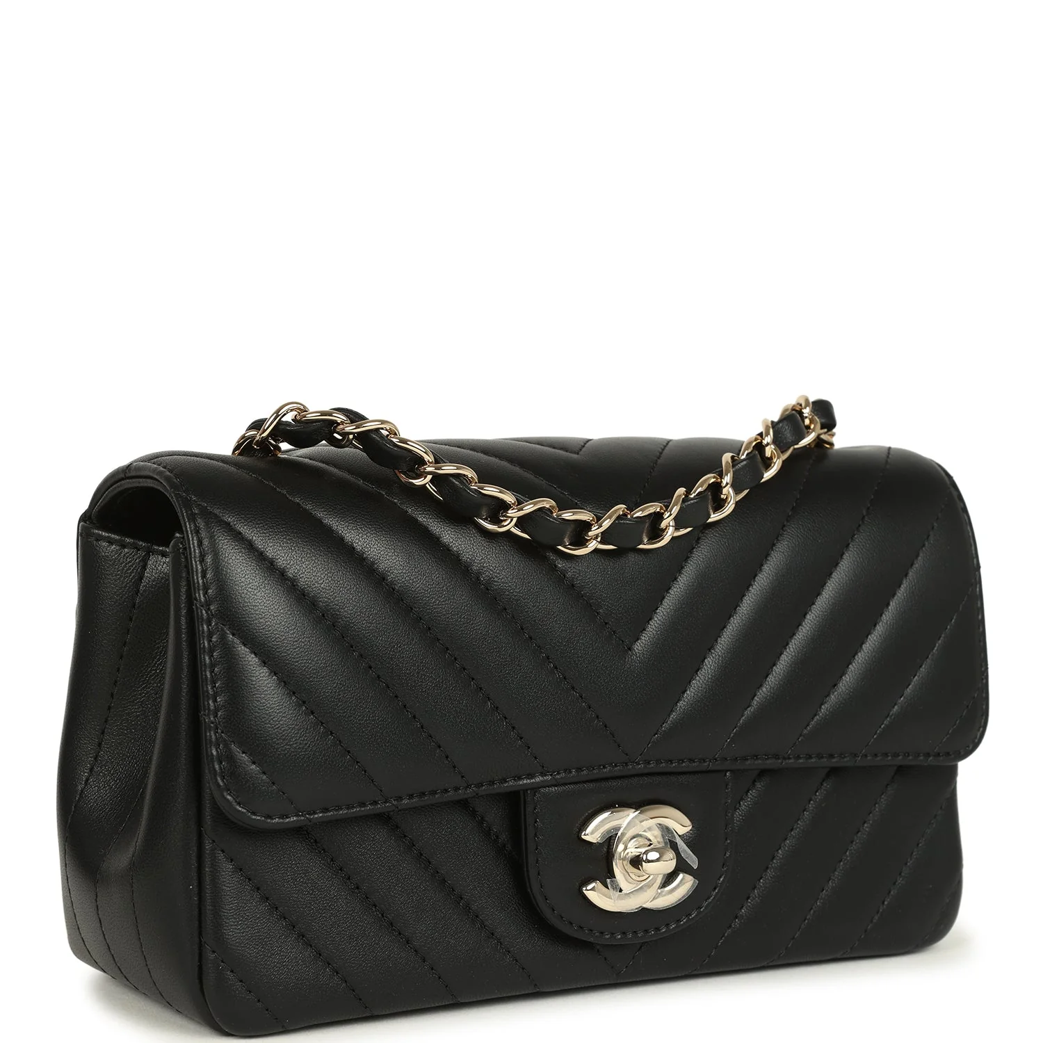 Chanel Mini Chevron Classic Rectangular Flap Bag Black Lambskin Light Gold Hardware