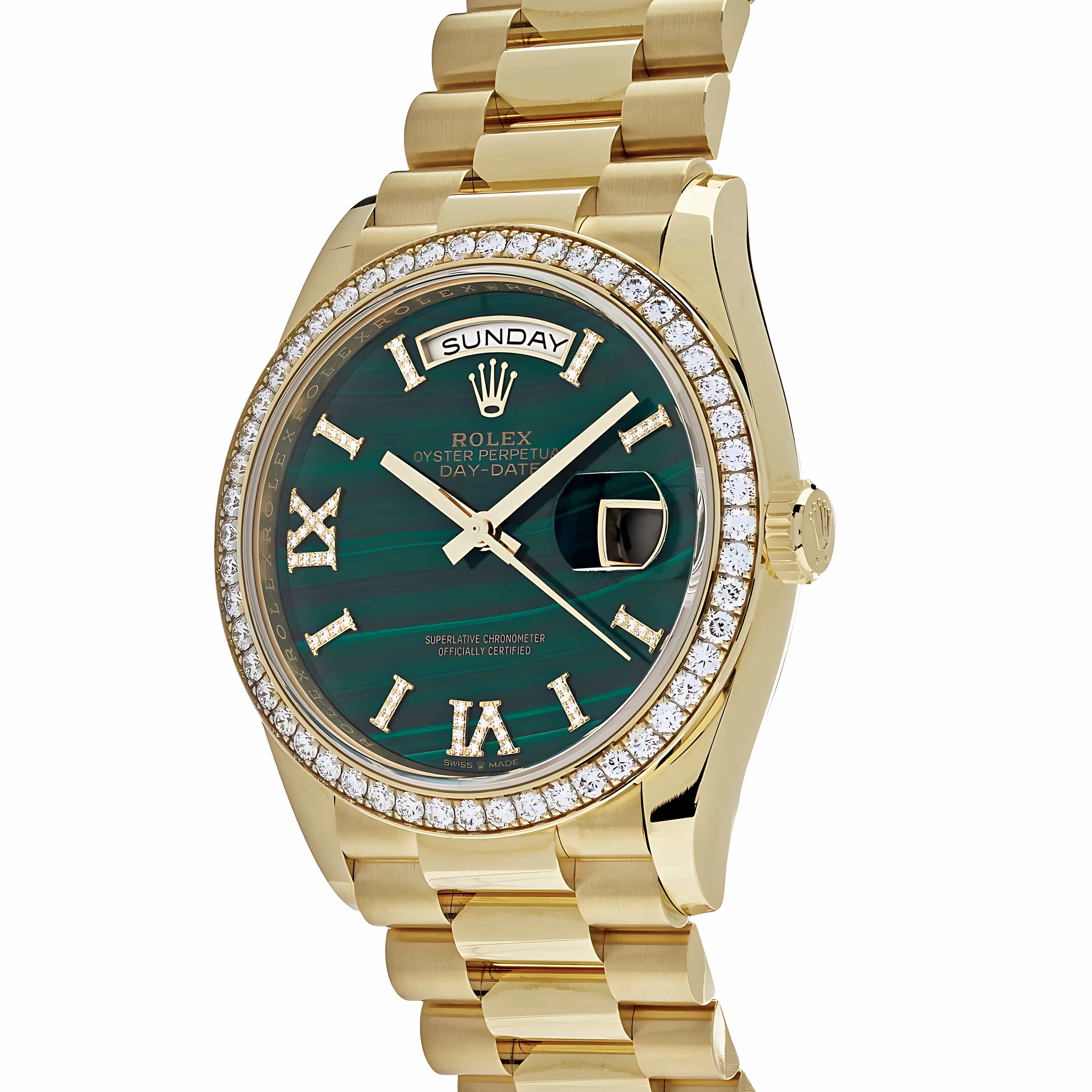 Rolex Day-Date 36 128348RBR Yellow Gold Green Malachite Dial Diamond Bezel