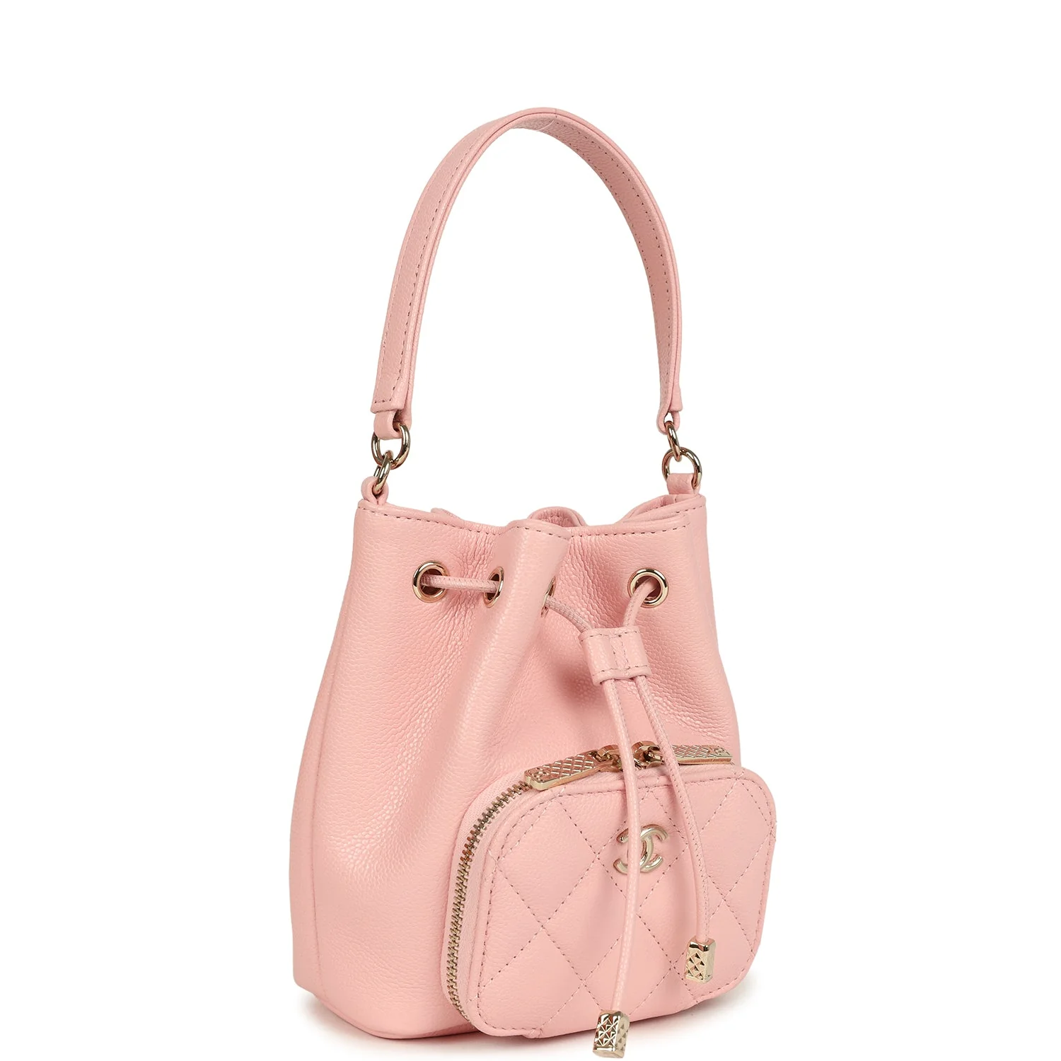 Chanel Mini Top Handle Bucket Bag with Chain Pink Shiny Caviar Light Gold Hardware