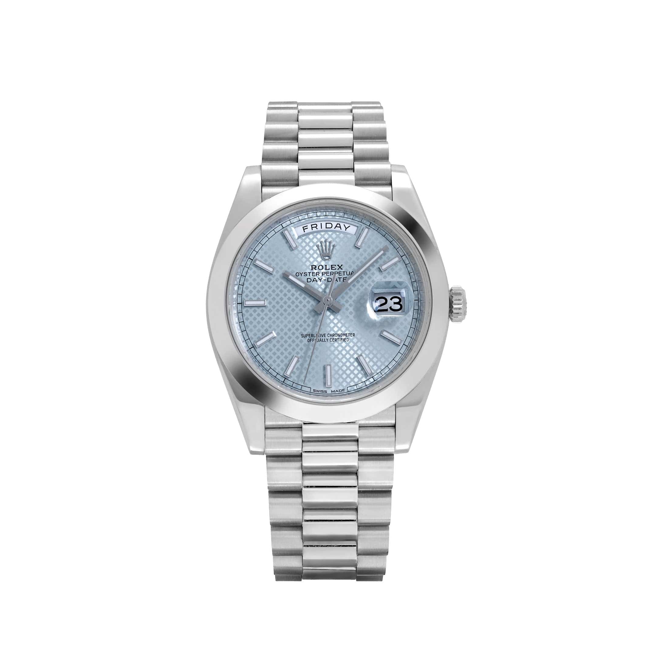Rolex Day-Date 228206 40 Platinum Ice Blue Diagonal Motif Dial